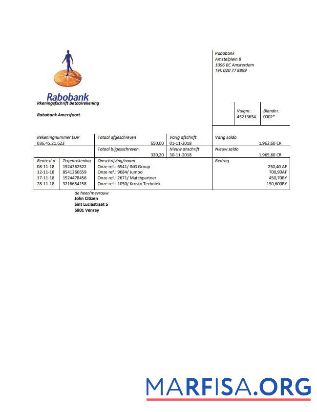 Realistic Netherlands Rabobank bank statement word example